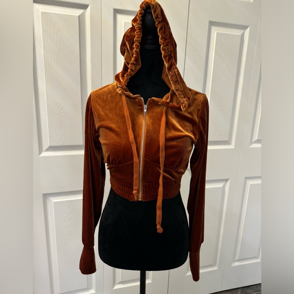 Burnt Orange velvet cropped Zip Up Jacket with hoodie
